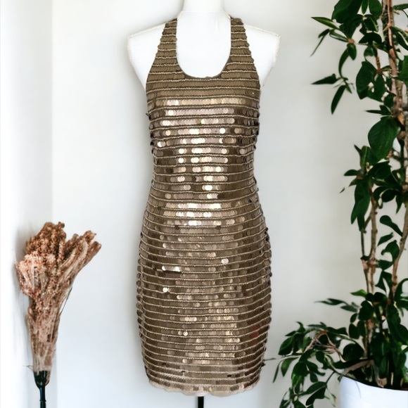 BCBG Maxazria IMAN SEQUIN BRONZE COIN CRISS CROSS PAILLETTE COIN MINI DRESS - Picture 11 of 13
